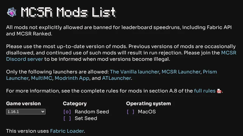 MCSR Mods List