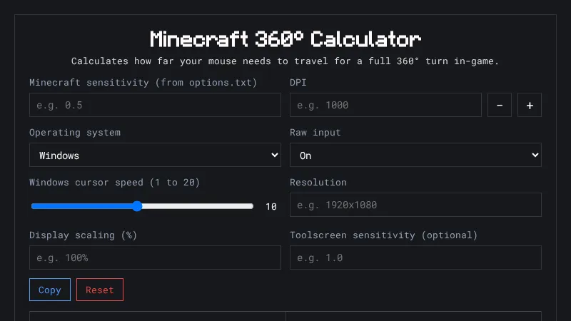 Minecraft 360 Calculator